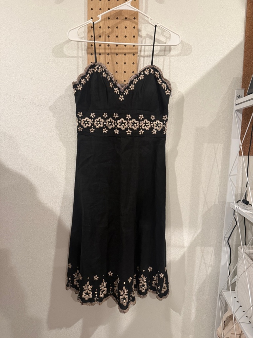 Muse Black Midi Slip Dress with Cream Floral Embroidery